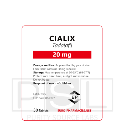 Euro-Pharmacies Cialix Tadalafil 20mg per tab 50 pills bag – USA – PDE5 inhibitor, 20-hour active time